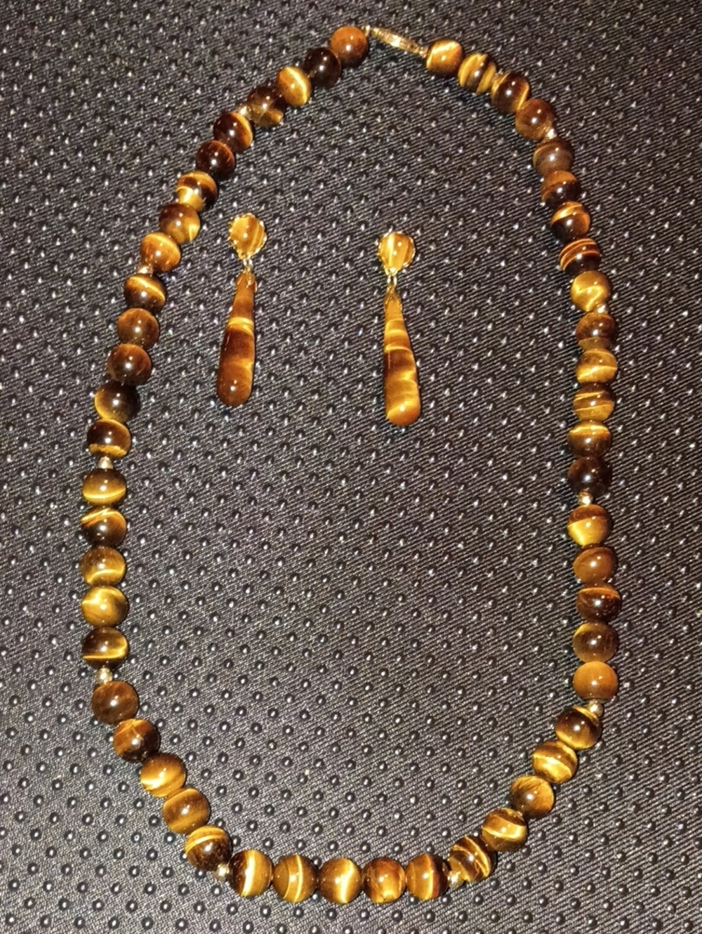 Tiger's Eye Beaded Necklace w 10K Clasp With Earrings